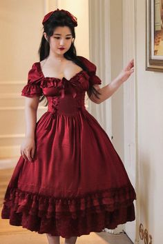 Fabric: Polyester, Cotton Color: Red Sleeve Length: Short Sleeves Sleeve Shape: Puff Sleeves Feature: Multi-Layered, Ruffle, Bowknot Style: Classic, Vintage In Winter Sewing, Gothic Princess, Punk Dress, Classic Lolita, Kawaii Dress, Neckline Dress, Red Shorts, Lolita Dress, Gothic Lolita