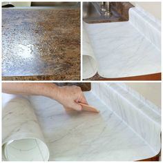 the process of making a marble countertop is shown in three different pictures, including one being