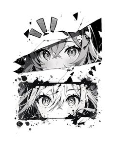 two anime characters with their faces drawn in black and white, one is looking at the camera