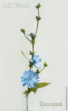 a blue flower in a glass vase with the word artmaki written on it