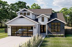 this is an artist's rendering of a modern house in the country style with two car garages