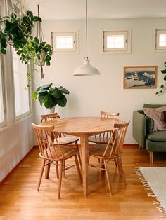 a dining room table and chairs with plants hanging from the ceiling over them in front of a couch