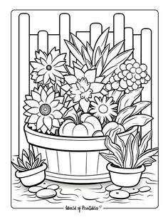 a coloring page with flowers in a basket