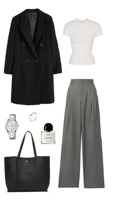 a woman's outfit including a black coat, white shirt and grey pants with a handbag