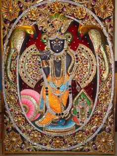 an intricately decorated painting with gold and red accents, depicting the god in hindu art