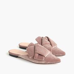 womens Pointed-toe slides in velvet Seashell Pink, Bow Slides, Dressy Casual Outfits, J Crew Style, Rose Blush, Suede Lace, Velvet Bow, Nike Shoes Women