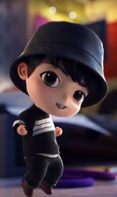 the animated character is dressed in black and white