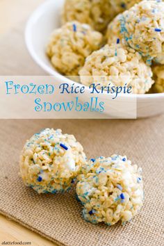 frozen rice krispie snowballs with sprinkles in a white bowl on a table