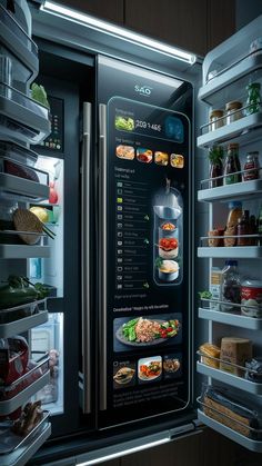 an open refrigerator with food items in it