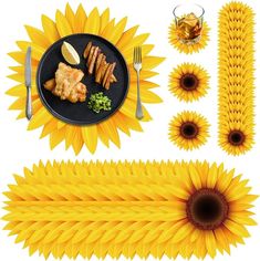 sunflowers and plates with food on them are arranged in the shape of an arrow