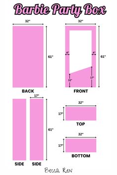 the pattern for barbie party box is shown in three different sizes and colors, including pink