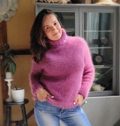 "Delicate knitted angora sweater Soft fluffy pullover  Color choice  sweater Fluffy vest pulover Handmade women chunky sweater Size S-M-L ATTENTION TO ORDER Handmade to order (exact repetition is not possible) Production time - 28-35 days Stylish, fashionable, knitted sweater is made from soft yarn. Yarn constitution  angora and nylon. This lovely angora sweater will be a great addition to your look.  Knit Sweater will be a pleasant gift for yourself and your loved ones. The sweater can be worn Fluffy Vest, Soft Sweaters, Woman Sweater, Pullover Mode, Angora Sweater, Fluffy Sweater, Womens Sweaters, Ladies Turtleneck Sweaters, Textured Sweater