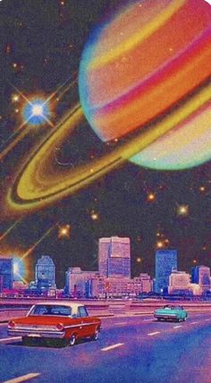 an image of the planets and cars driving in front of each other on a city street