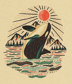 an illustration of a whale jumping out of the water with mountains and trees in the background