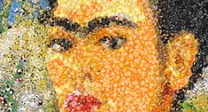 a mosaic portrait of a man with flowers in his hair and beard is featured on an orange background