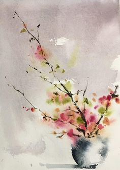 a watercolor painting of flowers in a vase