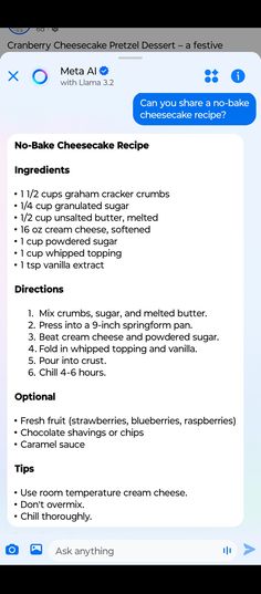 an iphone screen showing the recipe for no - bake cheesecakes