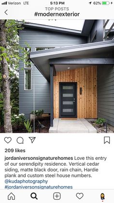 an instagramted post showing the front door and entry to a modern - style home