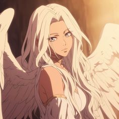 an anime character with long white hair and angel wings on her shoulder, staring at the camera