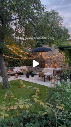 an outdoor dining area with tables and umbrellas in the evening sun, surrounded by greenery