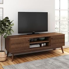 a living room with a large tv on top of a wooden entertainment center next to a potted plant