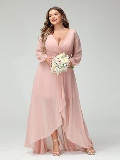 A-Line/Princess V-Neck Long Sleeves Chiffon Ruched Asymmetrical Plus S-Lavetir Plus Size Bridesmaid Dresses, Champagne Bridesmaid Dresses, Bridesmaid Dresses With Sleeves, Dusty Blue Bridesmaid Dresses, Plus Size Bridesmaid, Party Dresses Online, Dresses Plus Size, Bridesmaid Dresses Plus Size, Blue Bridesmaid Dresses