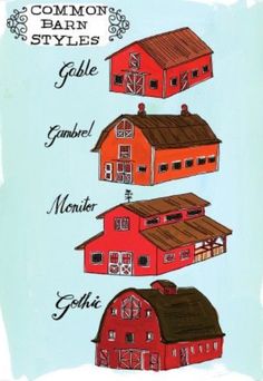 an image of different types of barn style houses in red and brown colors on blue background