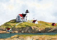 a painting of a lighthouse on top of a rocky hill next to the ocean with red roofs