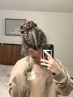 Braided hairstyles Braided And Bun Hairstyles, Cute Duch Braids, Aesthetic Dutch Braids, High Braided Bun Hairstyles, Bubble Braids And Braids, Cute Gym Updos Workout Hair, Two Braids Into Curly Ponytail, Two Braids To Bun, Basketball Bun Hairstyle