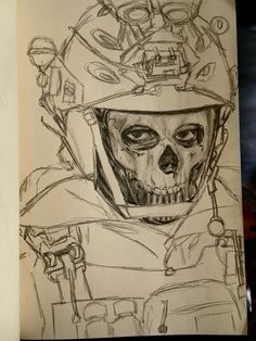 a drawing of a skull wearing a helmet