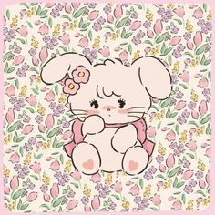 a drawing of a little bunny sitting on top of a flowery ground with pink flowers