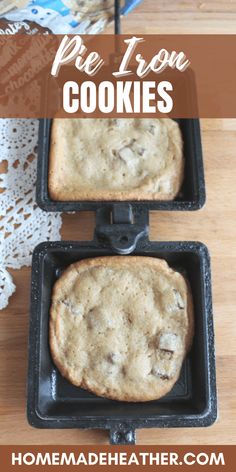 two chocolate chip cookies sitting in pans on top of a wooden table with text overlay