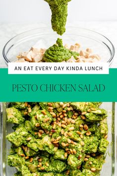 Pesto chicken salad sits in a glass storage container in one picture. In another picture, pesto is shown being poured over the top of cubed chicken. Healthy Living Recipes, Easy Lunch Recipes, Paleo Chicken, Easy Lunch, Pesto Chicken, Easy Dinners