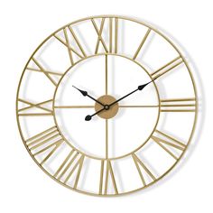 a gold clock with roman numerals is shown on a white background and shows the time