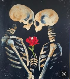 a painting of two skeletons holding a red rose with the words love written on it