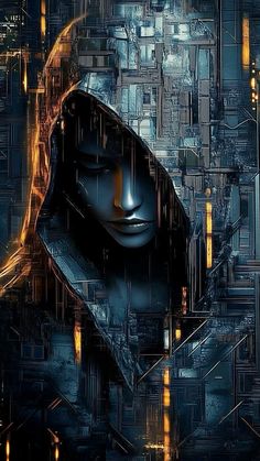 a digital painting of a hooded person in front of a cityscape with lights