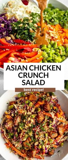 This asian chicken crunch salad is easy to make, high protein, gluten free and perfect for a simple meal prep lunch recipe. This chicken crunch salad has a simple peanut dressing and is so healthy and flavorful with edamame, veggies and sesame chicken. Simple Meal Prep Lunch, High Protein Gluten Free, Simple Meal Prep, Crunch Salad, Meal Prep Lunch, Prep Lunch, Peanut Dressing, Lunch Recipe, Healthy Bowls