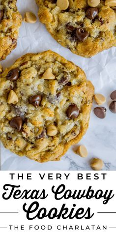 three cookies with chocolate chips on top and the words, the very best texas cowboy cookies