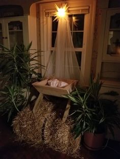 a nativity scene with hay and plants in front of a window at night time