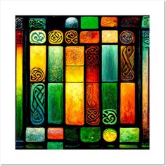 a stained glass window with celtic designs on it