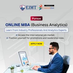 a man sitting at a desk in front of a computer with the words online mba business