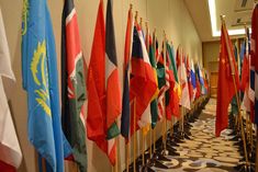 rows of flags lined up in a hallway