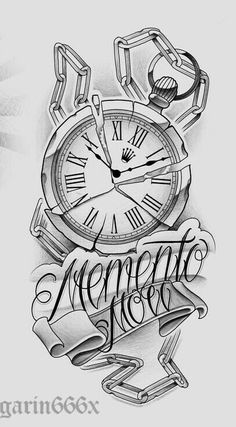 a tattoo design with an alarm clock and lettering