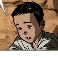 an animated image of a young boy in front of a rock wall with a speech bubble above his head