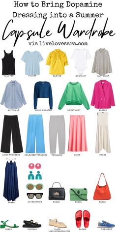 A white background with 27 pieces for building a dopamine dressing summer capsule wardrobe. Yellow Capsule Wardrobe, Customized Closet, Thredup Outfits, Capsules Wardrobe, Sweatshirt Blazer, Over 40 Style, Capsule Dressing, Capsule Wardrobe Casual, Capsule Wardrobe Women