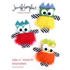 three different types of monster hair on top of each other with the words, mix'n match monsters sewing pattern and just add scrap kit