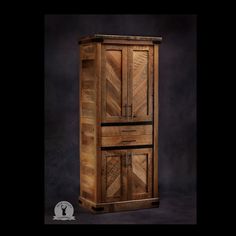 a tall wooden cabinet with two doors on one side and an open drawer on the other