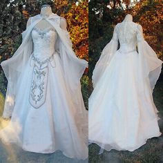 two pictures of wedding dresses with capes on them