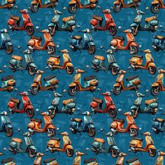 a blue background with many different colored scooters