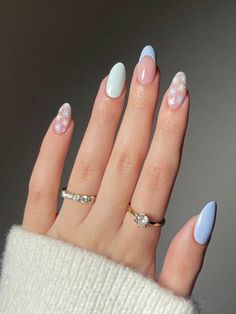 Multicolor  Collar   Plants Color Nails Embellished   Nail,Hand & Foot Care Blue French Manicure, Nail Art Bleu, French Tip Manicure, Pastel Nails Designs, Light Blue Nails, Spring Acrylic Nails, Cute Spring Nails, Blue Nail Art, Nail Care Tips